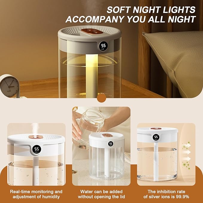 2L Cool Mist Air Humidifier with Humidity Display, 3 Modes, Dual Spray & Light, Silent Diffuser for Bedroom, Baby Nursery, Office, Car & Indoor Plants