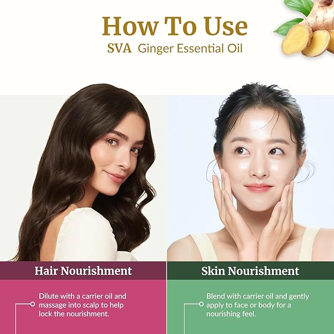SVA Ginger Essential Oil – 4 Fl Oz – 100% Natural Ginger Oil - for Diffuser, Hair Care, Face, Skin Care, Aromatherapy, Scalp and Body Massage, Soap and Candle Making – with Dropper