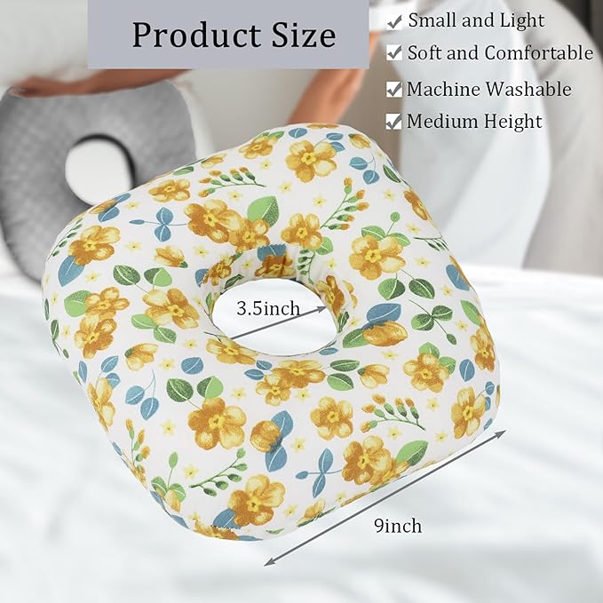 Ear Piercing Pillow for Side Sleepers, Pillow with an Ear Hole for CNH and Ear Pain Ear Inflammation Pressure Sores, O-Shaped Side Sleeping Pillow, Ear Guard Pillow (Yellow Flowers)
