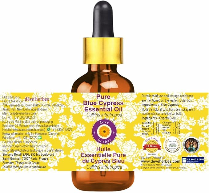 dève herbes Pure Blue Cypress Essential Oil (Callitris intratropica) with Glass Dropper Natural Therapeutic Grade Steam Distilled 5ml (0.16 oz)