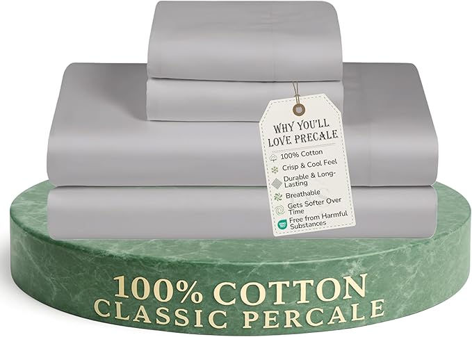 Feather & Stitch Softest 100% Cotton Sheets, 300 Thread Count Percale Weave Bedding, 16" Deep Pocket, Cooling Sheets, Breathable Bed Set, Hotel Premium Quality (Full, Grey)
