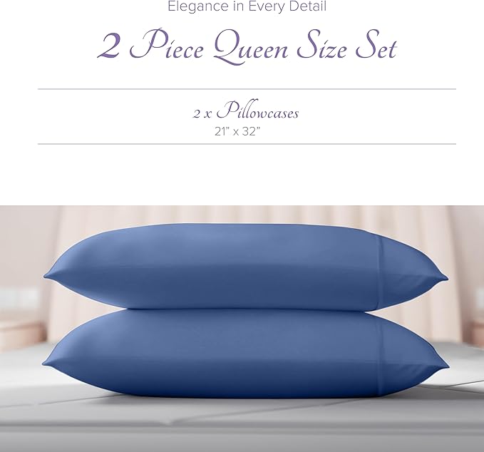 Carressa Linen 100% Egyptian Cotton Pillow Cases Queen Size Set of 2 - Luxury 600 Series Hydrangeas Collection Queen Size Pillowcases (Deep Blue), Cooling Sateen Weave Hotel Quality Bed Pillow Cover