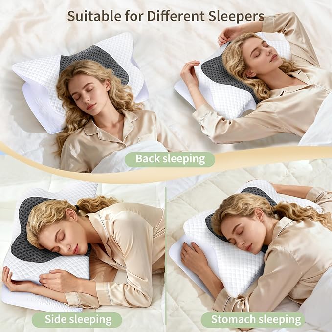 Cervical Neck Pillow for Neck Pain, Memory Foam Orthopedic Pillow with Contoured Design, Neck Support Pillows for Side, Back and Stomach Sleepers, Grey