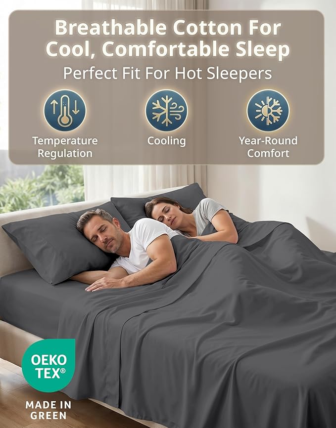 LANE LINEN Queen Size Bed Sheets Set – 600 Thread Count 100% Natural Cotton Cooling Sheets, Hotel Luxury Soft Sateen Finish, Snug Fit 15" Deep Pocket Elasticized Fitted Sheet – Charcoal