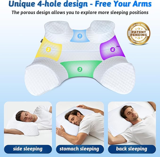 Side Sleeper Pillow with Arm Hole, Shoulder Relief System, Arm Pillow for Neck and Shoulder Pain, Premium Memory Foam, Suitable for Side, Back and Stomach Sleepers - White, 7.1in Height