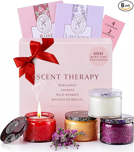ADELEGOURDAIN Aromatherapy Scented Gift Set - 4 Soy Wax Candles & 2 Fragrance Sachets - Calming Jasmine, Bergamot, Berry & Breeze Scents in Glass Jars - Home, Bath & Relaxation Mother's Day Presents