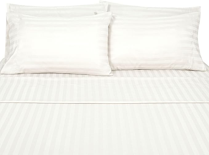 ROYALE LINENS 1500 Thread Count Poly Cotton Sateen Dobby Stripe Sheet Set - 6 Piece King Bed Sheets - 1 Fitted, 1 Flat, 4 Pillow Cases -Soft Cool & Crisp Sheet Set (King, Bright White)