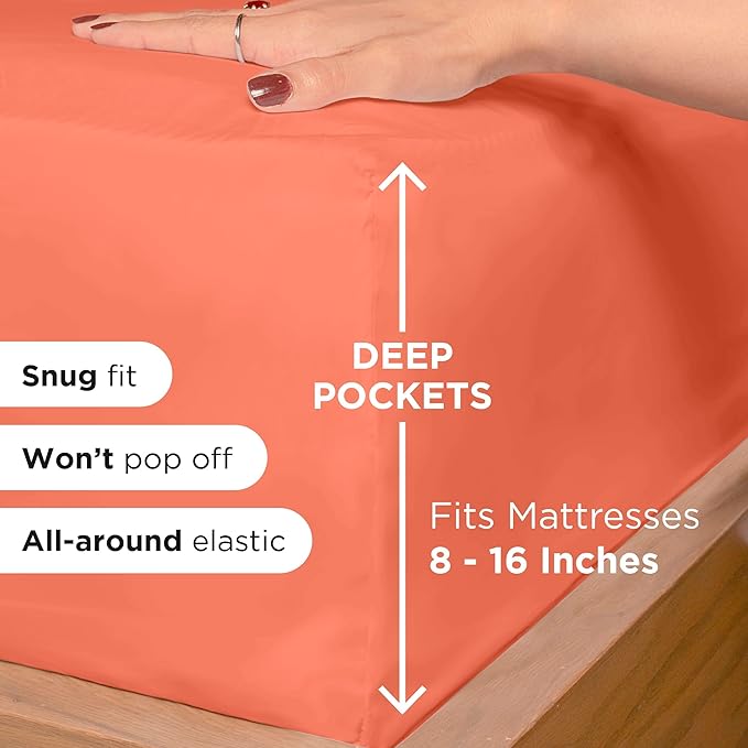 ROYALE LINENS 4 Piece Cal King Sheets Set - Soft Brushed 1800 Microfiber Bedding - 1 Fitted, 1 Flat Sheet, 2 Pillow Cases - Wrinkle Free & Fade Resistant - Hotel Luxury Bed Sheets (Coral, Cal King)