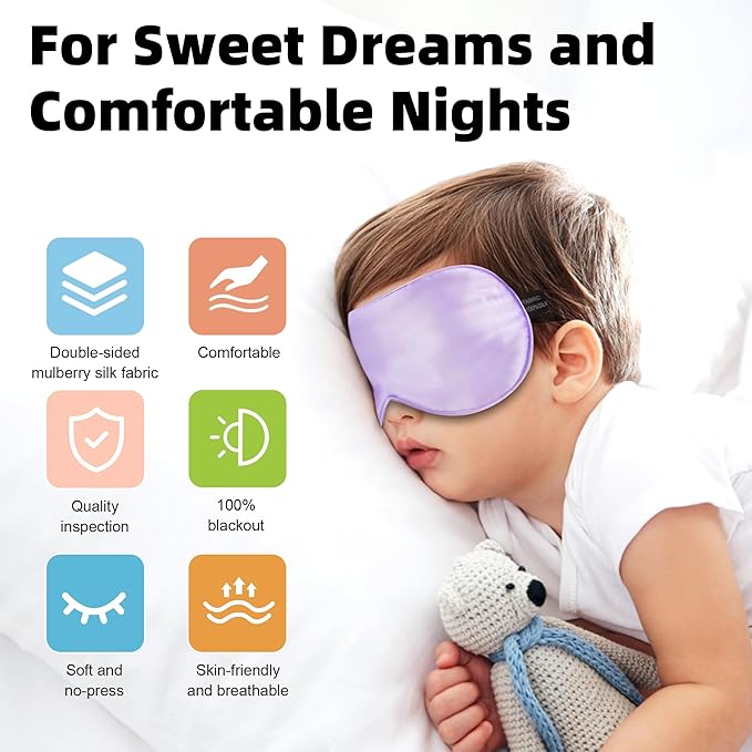Silk Sleep Eye Mask for Kids, 100% Real Natural Pure Silk Sleeping Masks, Blindfold Sleep Eye Cover with Adjustable Strap, Soft & Lightweight Night Eyeshade for Boys Girls Teens (Purple)