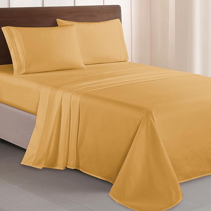 Elegant Comfort Luxurious 1500 Premium Hotel Quality Microfiber Three Line Embroidered Softest 4-Piece Bed Sheet Set, Wrinkle and Fade Resistant, Twin/Twin XL, Camel-Gold