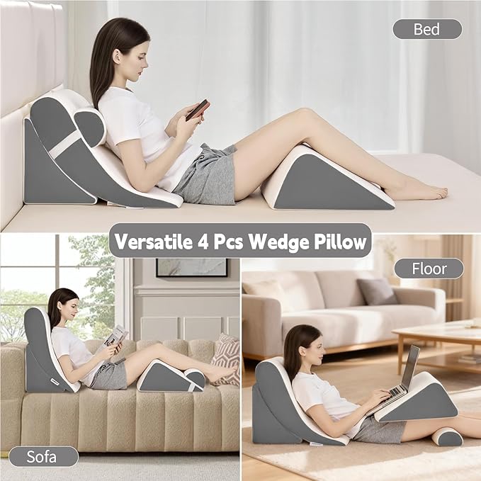 4PCS Orthopedic Bed Wedge Pillow Set for Post Surgery & Pain Relief, Adjustable Wedge Pillow for Back,Acid Reflux,Sitting up in Bed,Recovery,Snoring,Body Pillow for Sleeping (White/Dark Grey)