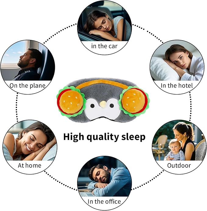 PERFECTSIGHT Sleep Eye Masks, Cute Penguin Plush Sleep Eye Cover Lightweight Adjustable Eyeshade Faux Fur Mask Cover for Women Men Sleep Travel Nap, Burger Headphone