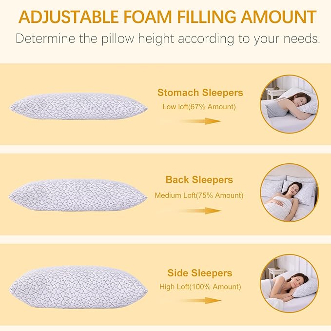 Shredded Memory Foam Bed Pillows Adjustable Hotel Quality Pillows for Side, Back and Stomach Sleeper, Breathable Washable Cover, Oeko-TEX Certified Queen Size Set of 2