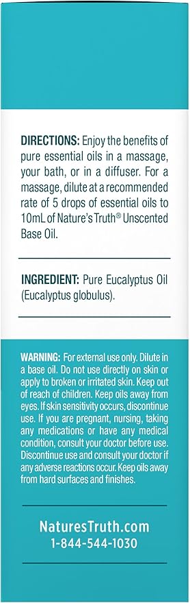 Nature's Truth Eucalyptus Essential Oil | 15 mL | for Diffuser, Aromatherapy, and Massage | Pure Plant Based, Non-GMO & Gluten Free
