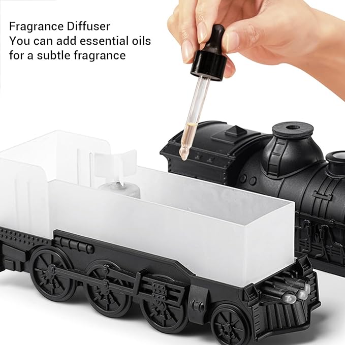 EBTOOLS 300Ml 8W Train Shaped Humidifier With Night Light, Dual Spray Modes, Warm and Cool Blue Light, Low Noise, Essential Oil Diffuser, Misting Function, Cool Mist Humidifier (Black)
