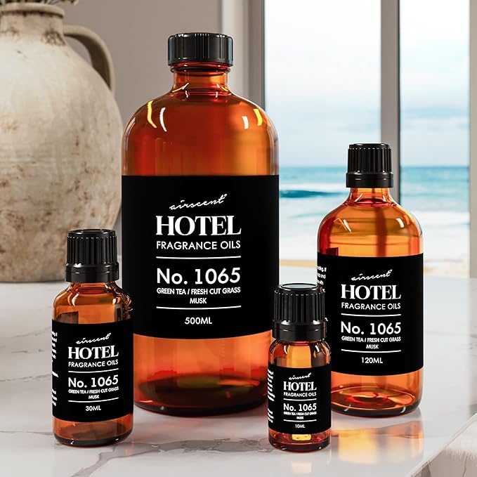AirScent Hotel Diffuser Oil No. 1065 - Green Tea & Fresh Cut Grass - Premium Fragrance Oil for Ultrasonic and Waterless Diffusers and Crafting - 30 mL, 1 fl oz Glass Dropper Bottle
