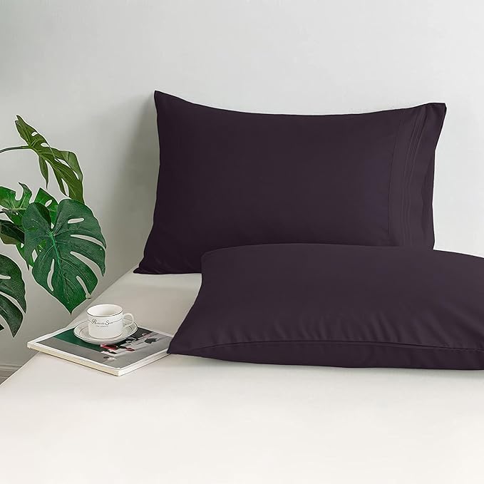Mocassi 2-Piece Premium King Pillowcase Set 1800 Series Hotel Quality Microfiber - Soft and Breathable with 3-Line Embroidery Wrinkle and Stain Resistant, Easy Care, 20" x 40", Purple