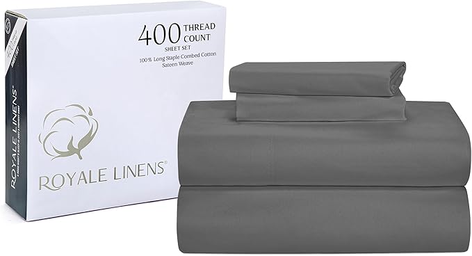 ROYALE LINENS 400 Thread Count 100% American Grown Cotton 4 Piece Sateen Full Sheet Set - 1 Fitted Sheet, 1 Flat Sheet, 2 Pillow case - Grey Full Bedsheet - Cotton Sheets - (Full, Spanish Slate)