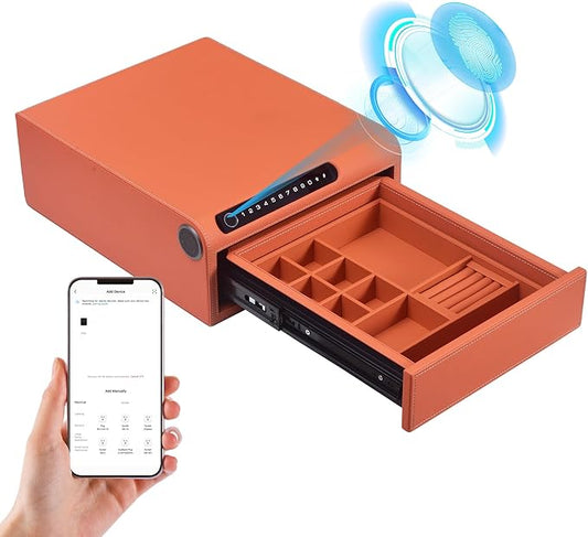 Biometric Fingerprint safe, Slide-Away Handgun Safe for Pistols, Leather Wrapped Jewelry Storage Safe, Drawer Safe for Home,Digital Keypad & Quick-Access Drawer (Orange-1 Drawer)