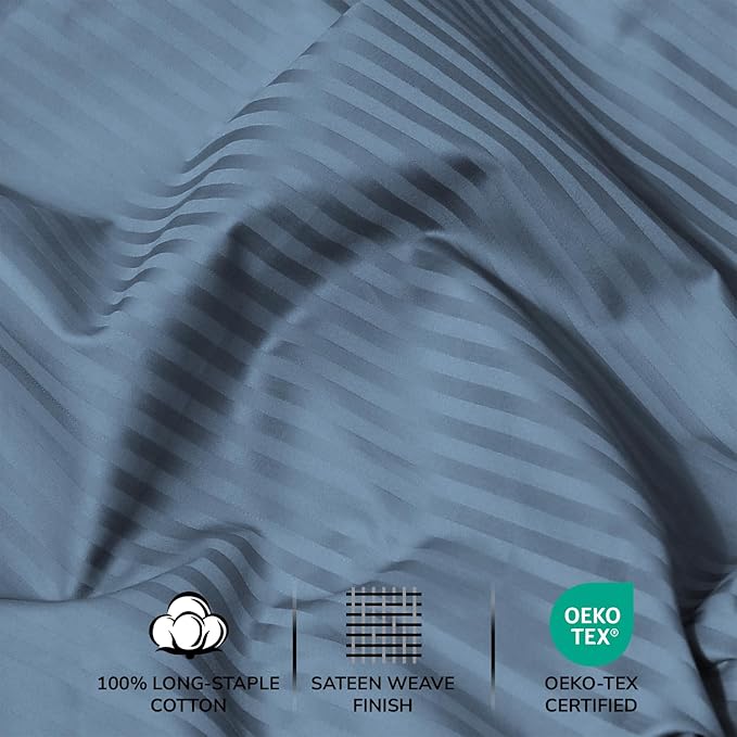 Feather & Stitch 500 TC California King Size Bed Sheet Set, 100% Cotton Soft Breathable Bedsheets, 4 Piece 18" Deep Pockets Sateen Weave Striped Bedding Mattress Resort Hotel Luxury - (Blue Stripe)