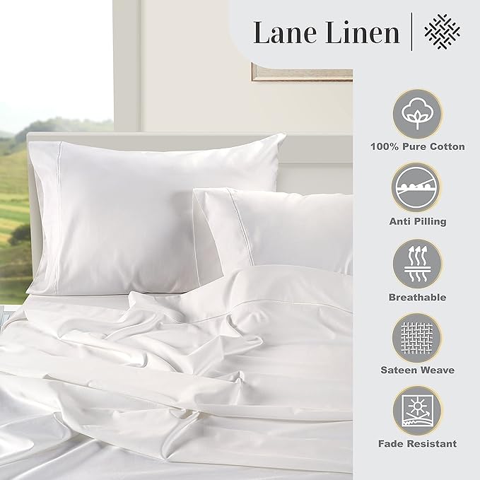 LANE LINEN King Size Pillow Case Set of 2 100% Egyptian Cotton Cases Sateen White Cooling Cover - Perfect for Home Hotels & Hospital Use
