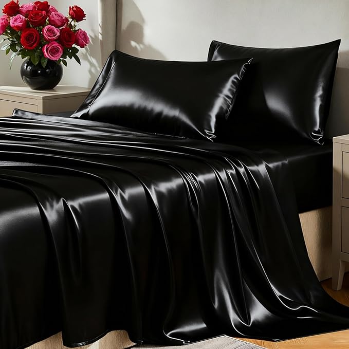 CozyLux Satin Sheets Queen Size Bed Set - 4 Piece Silky Queen Sheet Set, Luxury Black Queen Sheets with Smooth and Soft Microfiber, Includes 1 Fitted Sheet, 1 Flat Sheet and 2 Pillowcases