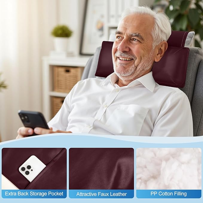 Leather Recliner Pillow, Adjustable Neck & Head Support Pillow, Pu Leather Non-Slip Headrest for Pain Relief & Relaxation, Ideal for Recliner Chair, Couch, Office Chair, Sofa