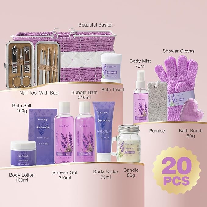 Mothers Day Gifts for Women, 21Pcs Spa Gifts for Women, Lavender Bath and Body Gift Basket, Spa Gifts for Woman Bath and Body Care Set, Relaxing Sets for Mom, Spa Kit, Birthday, Christmas, Anniversary