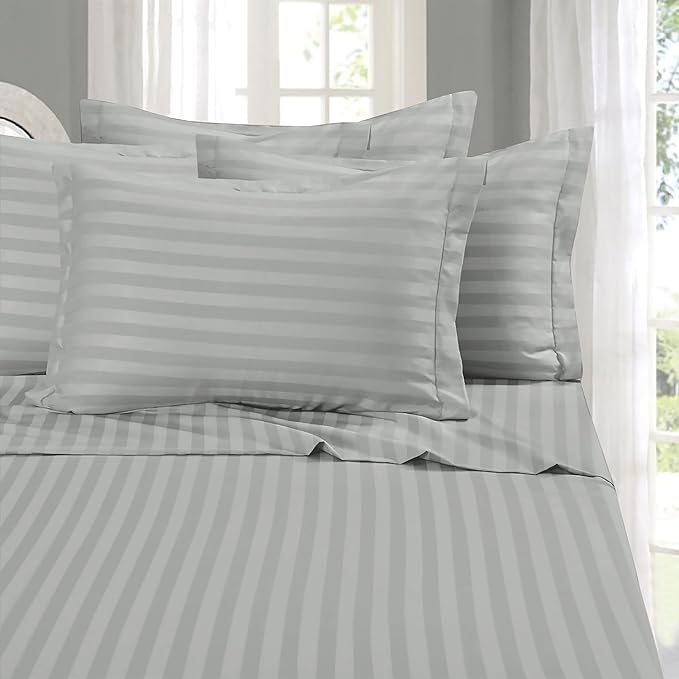 Elegant Comfort Softest and Coziest 4-Piece Sheet Set - 1500 Premium Hotel Quality Microfiber - Deep Pocket, Wrinkle Resistant 4-Piece Damask Stripe Bed Sheet Set, Twin, Silver