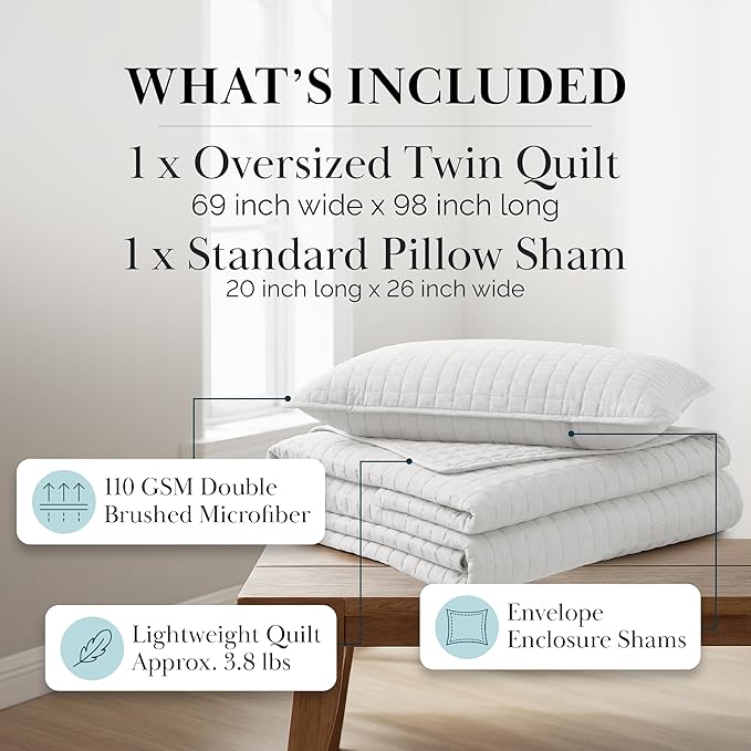 Southshore Fine Living, Inc. XL Twin Quilt Set, Microfiber Quilted Bedspread, White Bedding Twin Coverlet w/Pillow Sham, Pet Hair Resistant Bedding Coverlet Set, Quilted Coverlet, Bright White Quilt