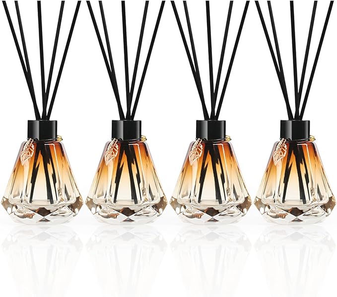 Reed Diffuser Set - 4 Empty Bottles with 20 Sticks, Delicate Gold Leaf Decor, Glass Fragrance Diffuser with Lids for Home, Bathroom | Refillable, Diamond Style (4 PCS Black)