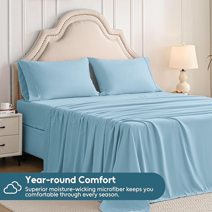 Queen Sheet Set, 4 Pieces Hotel Luxury Soft Microfiber Queen Bed Sheets Set, Up to 16" Deep Pockets, Oeko-Tex Sheets with Elastic, Breathable, Wrinkle Free (Sky Blue, Queen)
