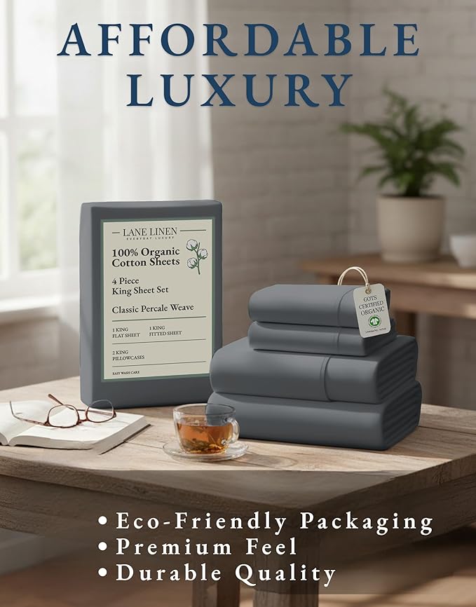 LANE LINEN 100% Organic Cotton Sheets King Size Machine Washable Fully Elasticized Soft & Comfy Mercerized Sustainably Produced All Season Eco Friendly Cotton Sheets sábanas King- Charcoal