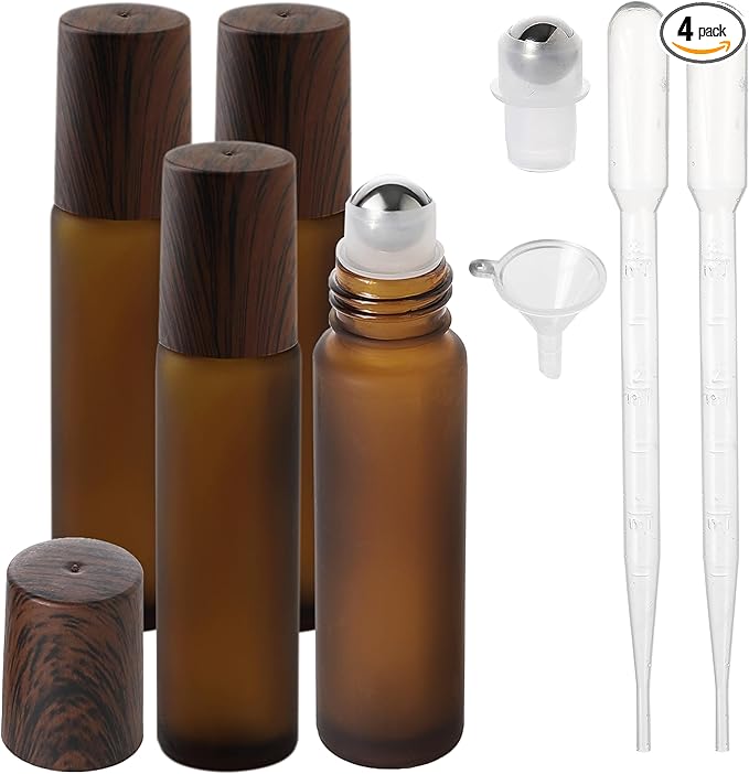SESENSE Essential Oil Roller Bottles, 10ml Thick Glass Perfume Roller Bottles with Funnel Opener and Dropper Amber Glass Empty Bottles with Stainless Steel Roller Balls (Amber, 4 Pack)