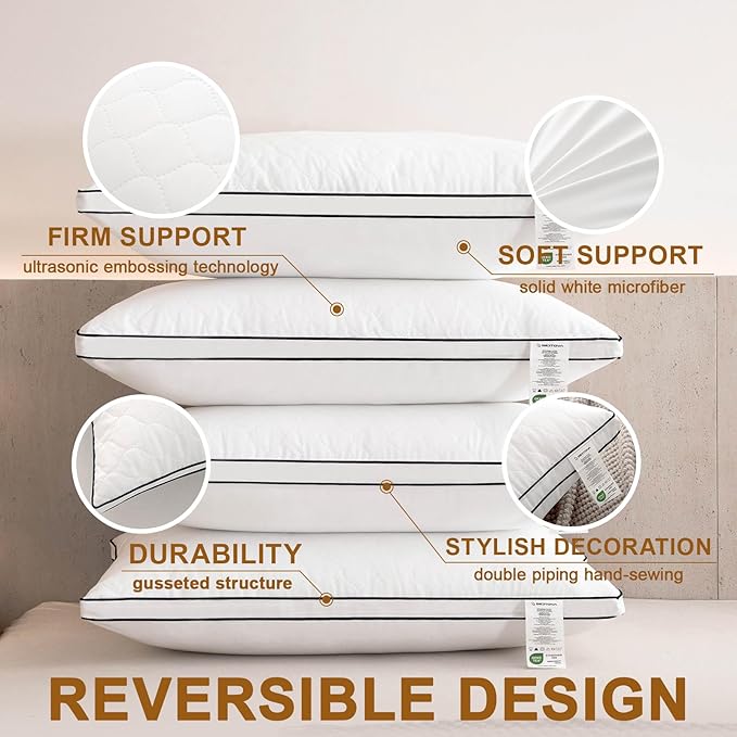 pillows Reversible Standard Size Set of 4, Firm on One Side, Soft on the Other, Luxury Hotel Quality 3D Microfiber for Side, Back & Stomach Sleepers, Breathable Cover to Reduce Neck Pain 20x26