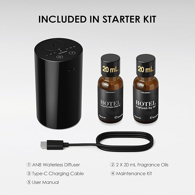 Airversa Waterless Essential Oil Diffuser Starter Kit with 2x20mL Luxury Hotel Fragrance Oils for Home Car Office, Battery Operated Mini Scent Air Machine Portable Diffuser, Gift for Mom, Black Kit