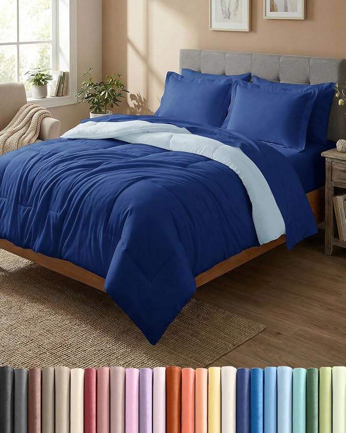 Full Comforter Set - 7 Piece Bed in a Bag Full Size Bed Set - Down Alternative Comforter, Flat Sheet, Fitted Sheet, Pillowcase & Shams for All Seasons - Soft, Comfy & Breathable - Navy Blue/Sky Blue