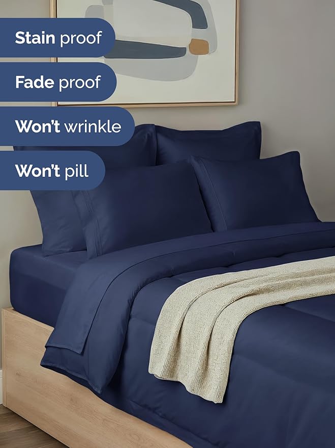 Queen Comforter Set - 7 Piece Bed in a Bag Queen Size Bed Set - Down Alternative Comforter, Flat Sheet, Fitted Sheet, Pillowcase & Shams for All Seasons - Ultra Soft, Comfy and Breathable - Navy Blue