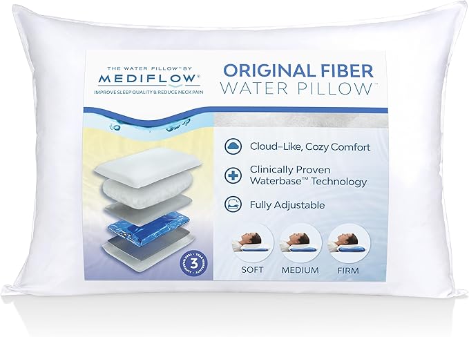 Mediflow Fiber: The First & Original Water Pillow, clinically Proven to Reduce Neck Pain & Improve Sleep. Therapeutic, Ideal for People Looking for Proper Neck Support