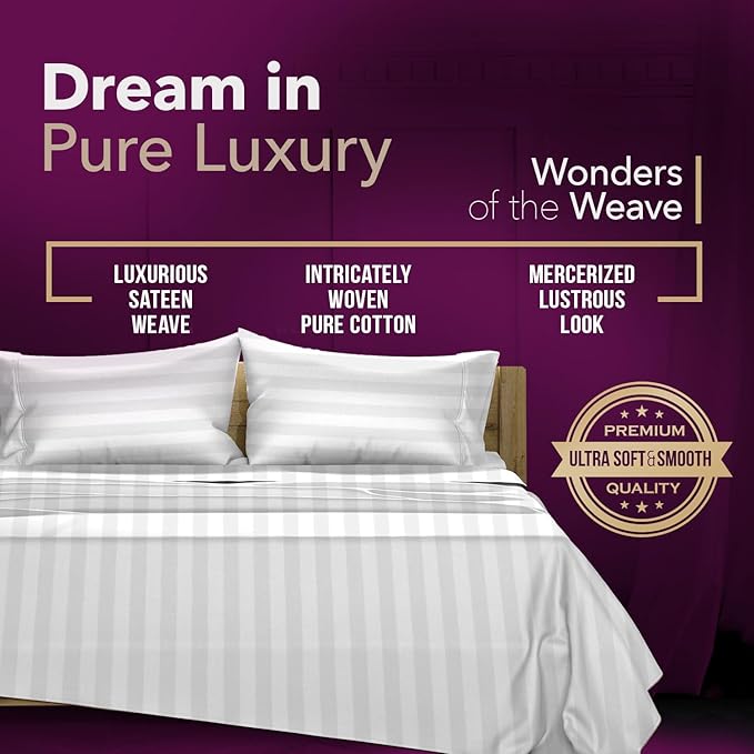 TEXAS LINEN CO. 100% Egyptian Cotton Queen Sheets Set - Luxury 1200 Series Star Sleepin' Damask Egyptian Cotton Sheets Queen Size (4 PC, White Stripe), 17" Deep Pocket, Cooling Sateen Hotel Bedding