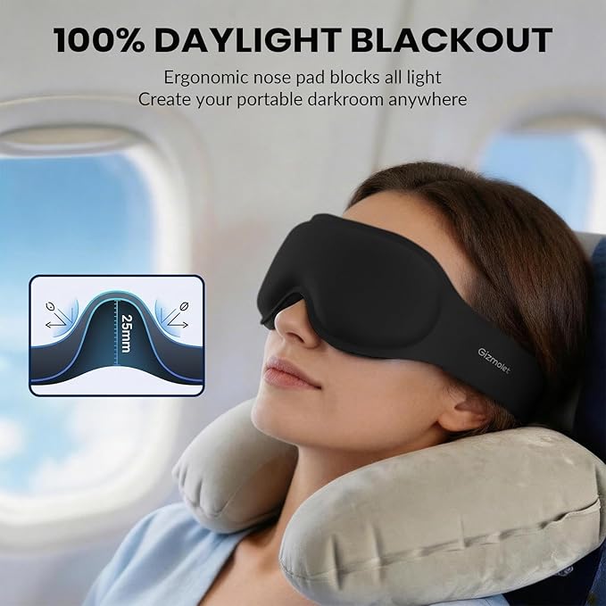 100% Blackout Sleep Mask for Men, 3D Contoured Eye Mask for Deep Sleep, No Eye & Lash Pressure, Soft Adjustable Sleeping Mask for Daytime Sleep, Business & Long Flight Travel Essential, Black