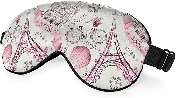 Paris Symbols Sleep Mask Eye Mask Romantic Trip Balloon Bike Pink Sleep Mask Light Blocking Adjustable Smooth Soft Eye Masks for Women Deep Rest Travel