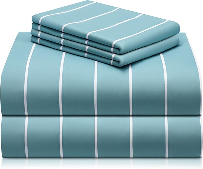 LuxClub 4 PC King Size Sheet Set, Breathable Luxury Bed Sheets, Deep Pockets 18" Wrinkle Free Cooling Machine Washable Hotel Bedding (Striped Light Blue)