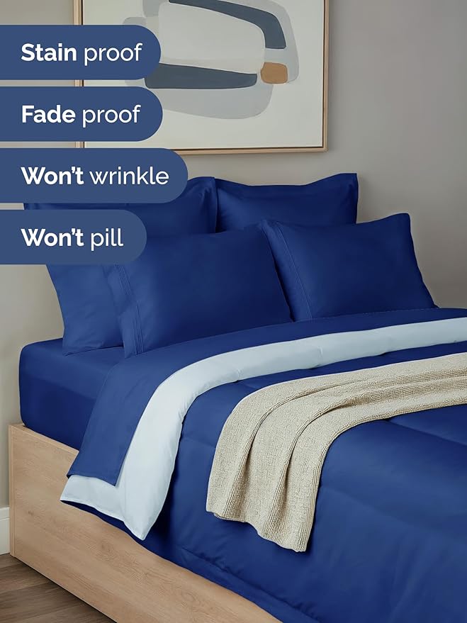 Full Comforter Set - 7 Piece Bed in a Bag Full Size Bed Set - Down Alternative Comforter, Flat Sheet, Fitted Sheet, Pillowcase & Shams for All Seasons - Soft, Comfy & Breathable - Navy Blue/Sky Blue