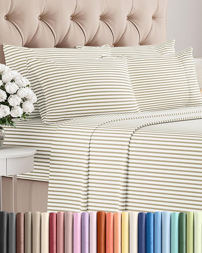 Cal King 6 Piece Sheet Set - Comfy, Breathable & Cooling - Soft Hotel Luxury Bedding for Women, Men, Kids, Teens & Children - 1 Flat & 1 Fitted Sheet & 4 Pillowcases w/ Deep Pockets - Beige Stripes 2