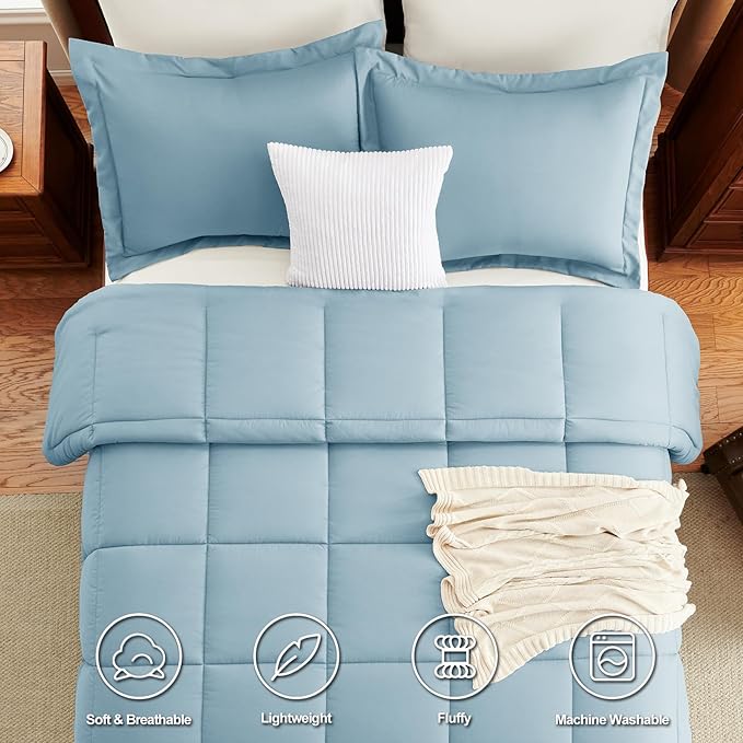 CozyLux Queen Comforter Set - Light Blue Comforters Queen Size, 3 Pieces Box Stitched Bed Set for All Seasons, Soft Lightweight Bedding Sets with 1 Down Alternative Comforter and 2 Pillow Shams