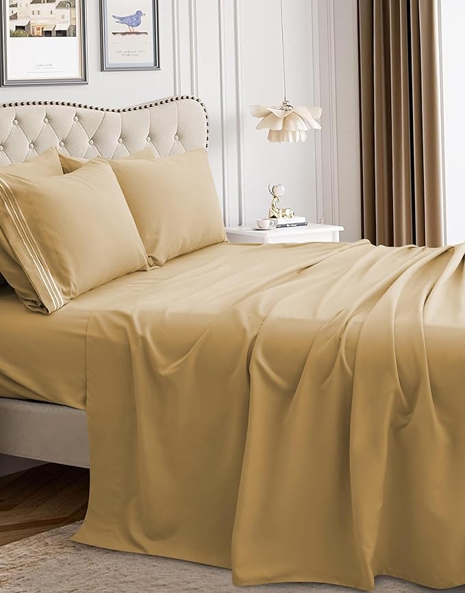 Mocassi Luxury Full 4-Piece Sheet Set - 1800 Premium Hotel Quality - Easy-Fit, Wrinkle, Fade Resistant Bed Sheets and Pillowcases - All Around Elastic Fitted Sheet, Deep Pocket, Gold