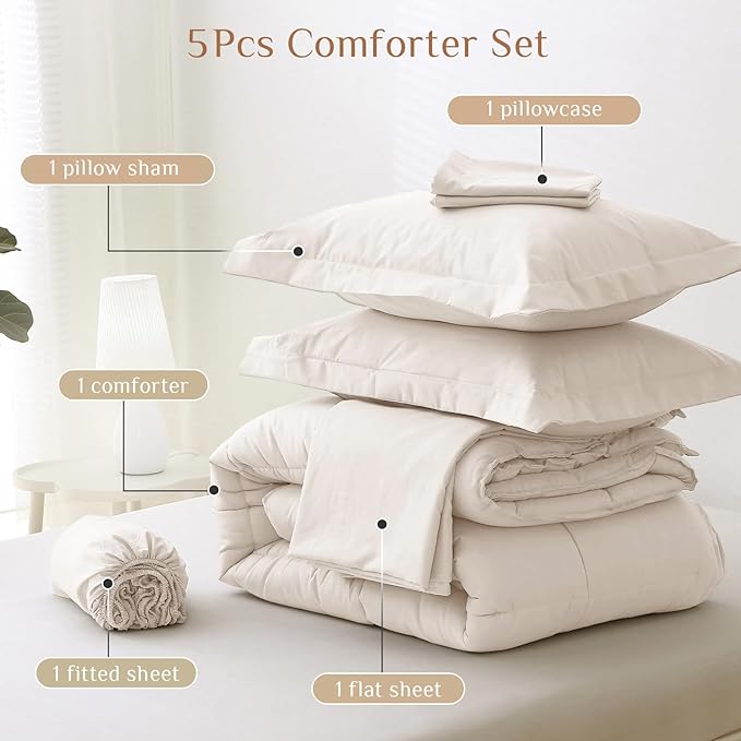 JOLLYVOGUE Twin XL Comforter Set, Ultra-Soft Bed in a Bag Twin XL Size 5 Pieces, Oeko-TEX Certified Bedding Set with Down Alternative Comforter, Sheets, Pillowcases & Shams, Beige