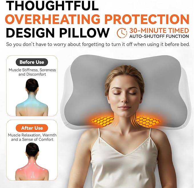 Heated Cervical Pillow for Neck Pain Relief, Ergonomic Contour Orthopedic Memory Foam Pillow for Neck Support, USB Heating with Adjustable Temp Settings