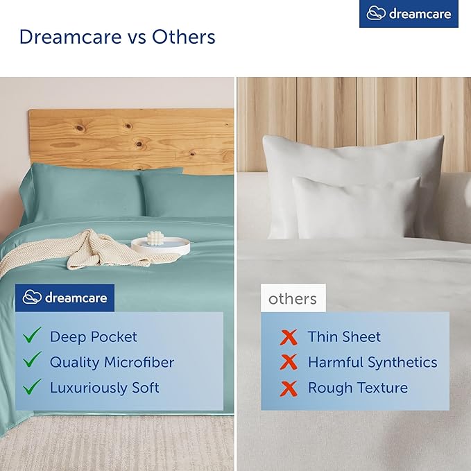 DREAMCARE King Size Sheets Set - 6 pcs Breathable Cooling Bed Sheets - up to 15" Deep Pocket King Sheet Set with Side Pockets - Extra Soft 100% Brushed Hypoallergenic Hotel Luxury Bedding - Spa Blue